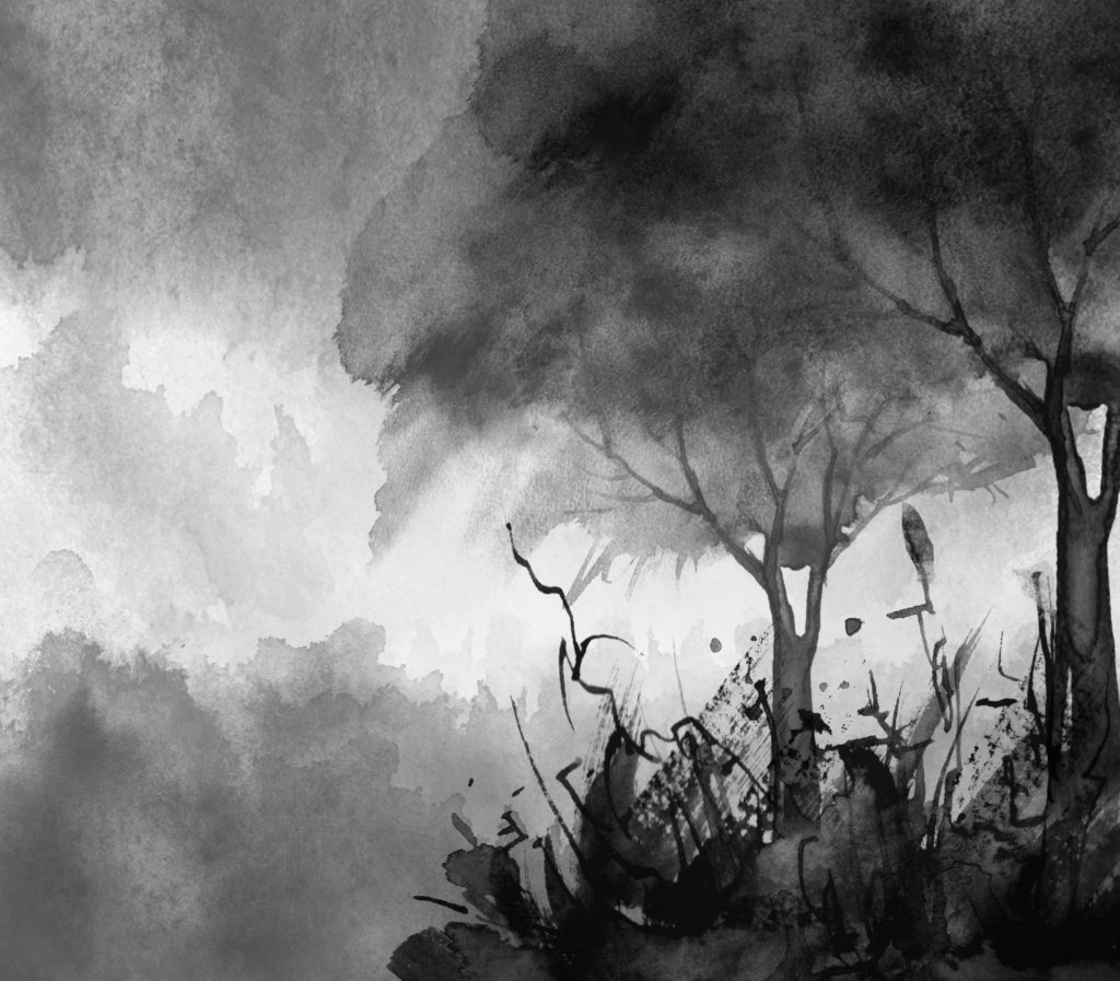 Watercolor banner, logo, postcard. Black silhouette of the fores